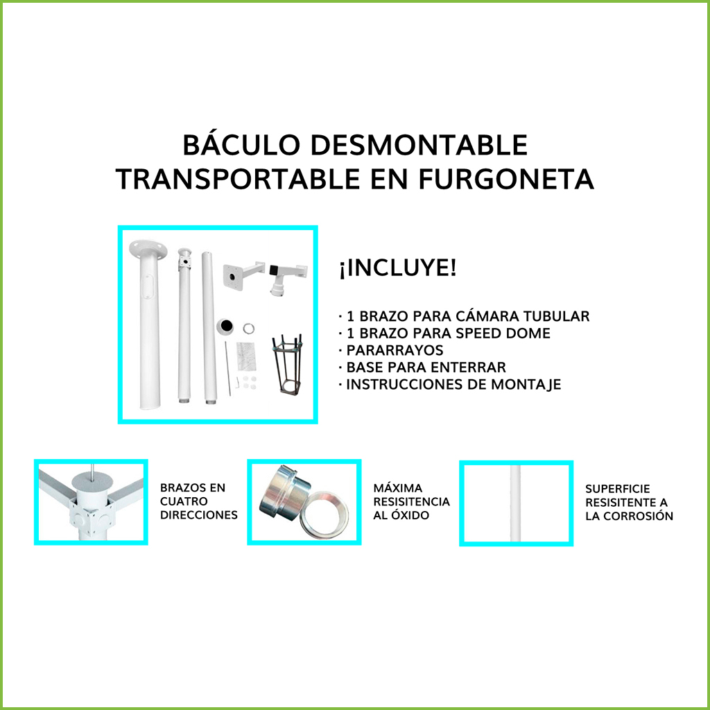 Báculo desmontable de 4,5m de altura en acero galvanizado de color gris con soporte para cámara y speed dome