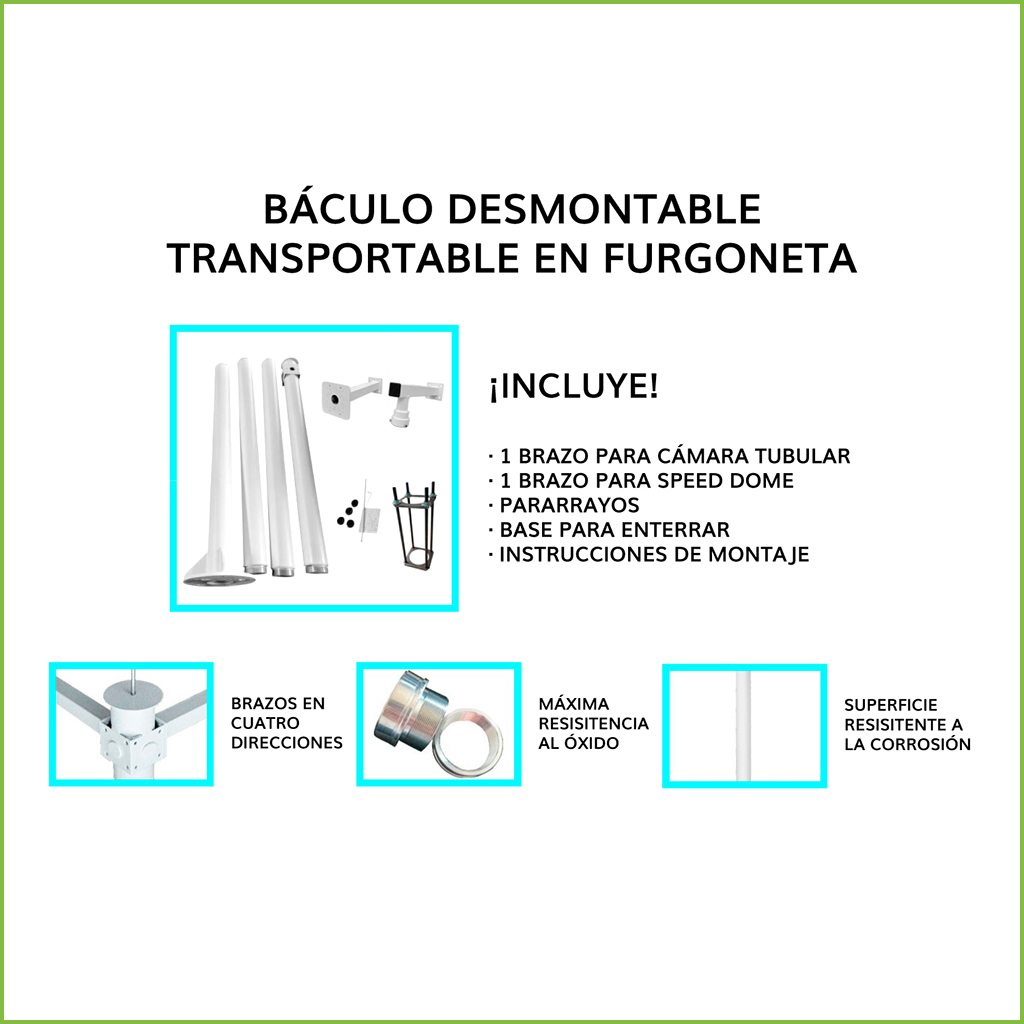 Báculo desmontable de 6m de altura en acero galvanizado de color negro con soporte para cámara y speed dome